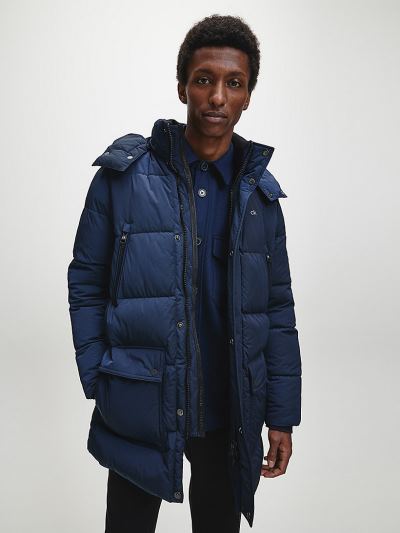 Calvin Klein Ruhák HU743622 | Calvin Klein Crinkle Nylon Hooded Férfi Puffer Kabát Sötétkék